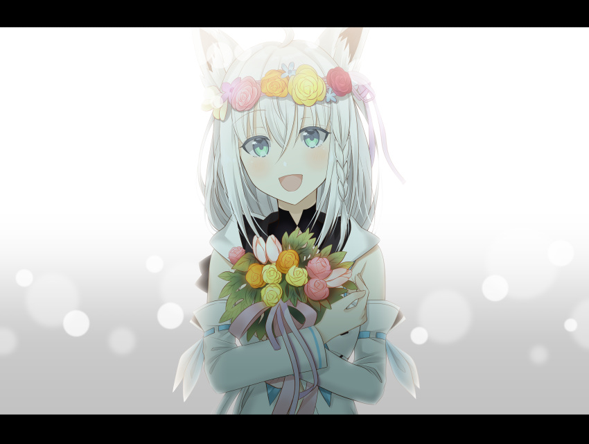 1girl :d absurdres animal_ear_fluff animal_ears bangs bare_shoulders bouquet commentary_request detached_sleeves eyebrows_visible_through_hair flower flower_wreath fox_ears green_eyes hair_between_eyes head_wreath highres hololive letterboxed long_hair long_sleeves myusha object_hug open_mouth orange_flower orange_rose pink_flower pink_rose red_flower red_rose rose shirakami_fubuki smile solo tulip upper_body virtual_youtuber white_hair white_sleeves yellow_flower yellow_rose