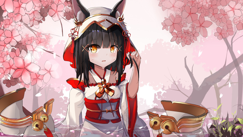 1girl absurdres animal_ear_fluff animal_ears azur_lane bangs bare_shoulders bell black_hair blush breasts cherry_blossoms crying crying_with_eyes_open detached_sleeves dress eyebrows_visible_through_hair flower hair_ornament hat highres holding holding_hair ilias_005 japanese_clothes kimono looking_at_viewer medium_hair nagato_(azur_lane) nagato_(great_fox's_shiroshouzoku)_(azur_lane) open_mouth ribbon small_breasts solo tagme tears tree tsunokakushi uchikake x_hair_ornament yellow_eyes