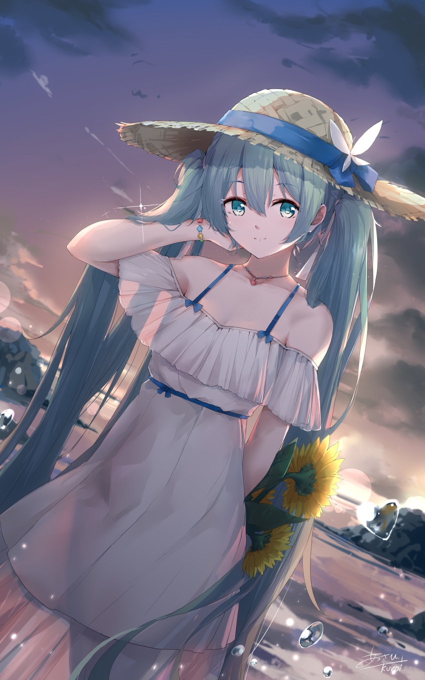 1girl aqua_eyes aqua_hair arm_behind_back bracelet butterfly_on_head clouds cloudy_sky commentary cowboy_shot dress flower hand_in_hair hand_up hat hatsune_miku heart highres holding holding_flower jewelry k.syo.e+ long_hair looking_at_viewer necklace off-shoulder_dress off_shoulder outdoors rock signature sky smile solo spaghetti_strap standing straw_hat sundress sunflower sunset twintails very_long_hair vocaloid water_drop white_butterfly white_dress
