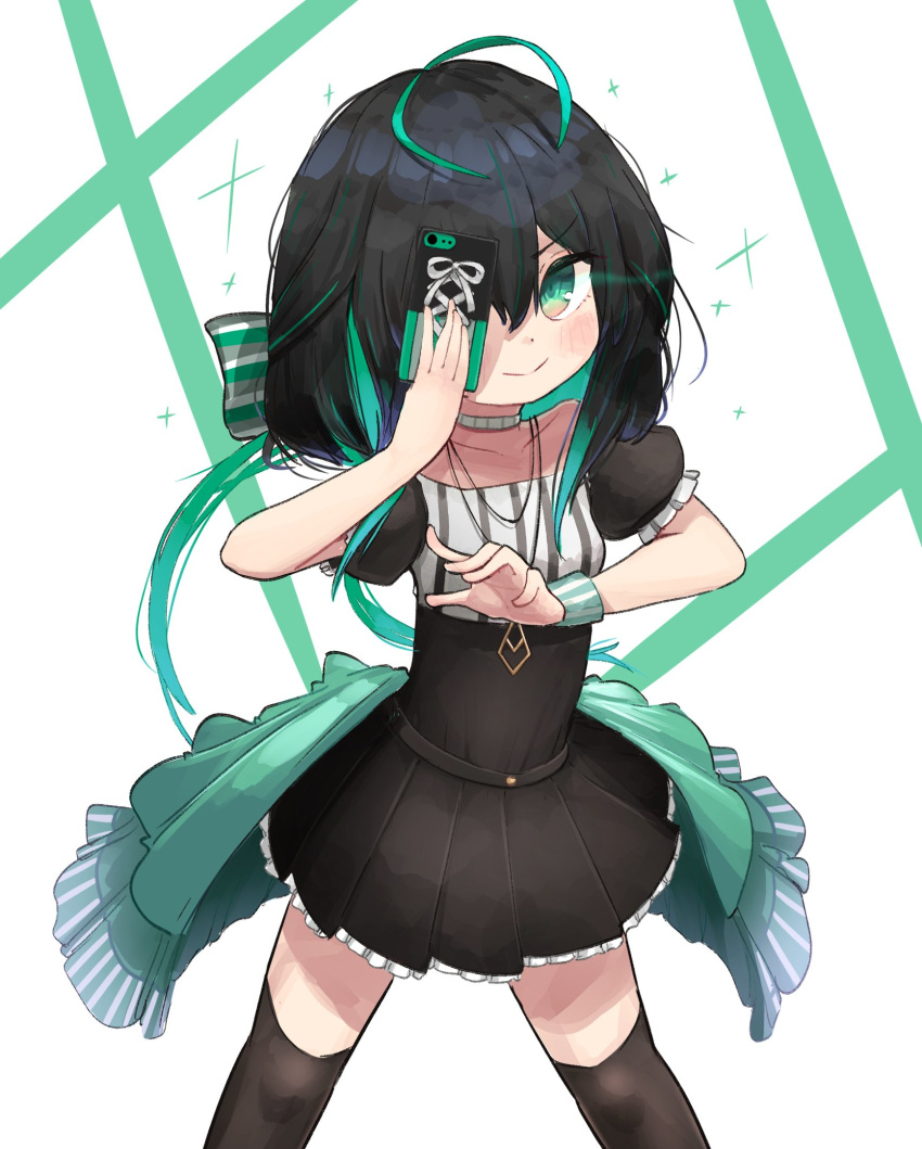 1girl bangs bare_shoulders black_hair black_legwear blush deep_shine eyebrows_visible_through_hair green_eyes green_hair green_jacket hair_between_eyes highres jacket looking_at_viewer multicolored_hair nijisanji nijisanji_kr shin_yuya simple_background skirt smile white_background younger