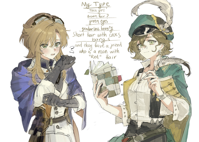 2girls binoculars black_gloves black_vest blush brown_hair cape capelet closed_mouth english_text flying_sweatdrops furrowed_brow gloves goggles goggles_on_head green_cape green_eyes green_hat hands_up hat hat_feather highres holding holding_notebook holding_quill jacket medium_hair merel_(reverse:1999) mole mole_under_eye multiple_girls notebook open_clothes open_mouth open_vest purple_capelet quill recoleta_(reverse:1999) reverse:1999 shirt short_hair smile sweat vest white_jacket white_shirt yuha6666