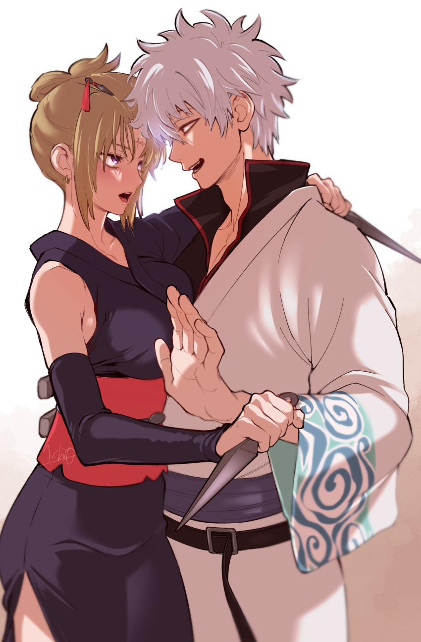 1boy 1girl artist_name black_kimono blonde_hair blush commentary_request folded_ponytail gintama highres japanese_clothes kimono kiseru kunai looking_at_another ninomae_gin open_clothes open_kimono sakata_gintoki scar scar_on_cheek scar_on_face signature smoking_pipe tsukuyo_(gintama) weapon white_hair white_kimono
