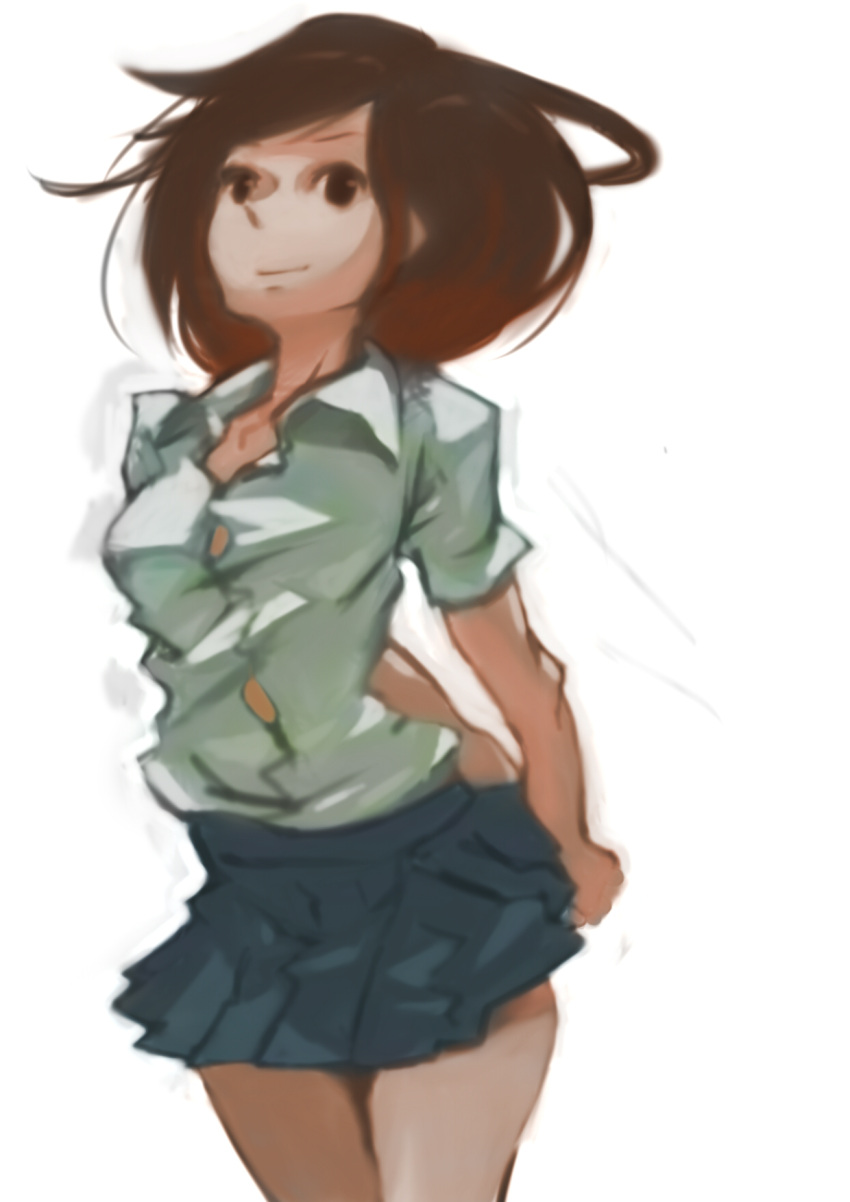 arms_behind brown_hair face highres school_uniform schoolgirl skirt tomioka_jirou wind