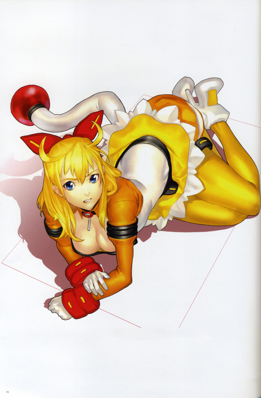 absurdres antenna_hair bangs blonde_hair bloomers blue_eyes bow bracelet breasts butt_plug butt_plug_tail cleavage cleavage_cutout clenched_teeth down_blouse dress frills gloves hair_between_eyes hair_bow hakua_ugetsu high_heels highres jewelry large_breasts long_hair looking_at_viewer lying malon_(taisen_hot_gimmick) no_bra official_art on_side pantyhose pendant scan shadow shoes short_dress solo tail taisen_hot_gimmick taisen_hot_gimmick_5 ugetsu_hakua white_background white_gloves yellow_legwear