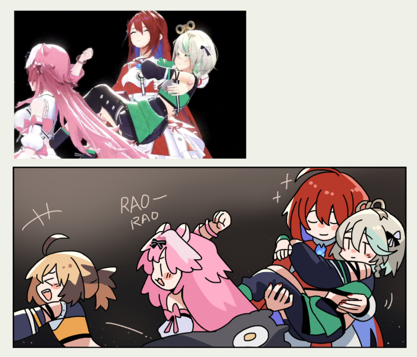 4girls ahoge animal_ears blue_fire blue_hair blush breasts brown_hair cecilia_immergreen colored_inner_hair commentary doll_joints elizabeth_rose_bloodflame english_commentary fire fongban_illust gigi_murin green_eyes green_hair grey_hair highres hololive hololive_english huge_ahoge joints long_hair multicolored_hair multiple_girls panther_ears panther_girl photo_inset pink_hair raora_panthera red_hair reference_inset scene_reference short_hair smile streaked_hair tail twintails two-tone_hair very_long_hair virtual_youtuber winding_key