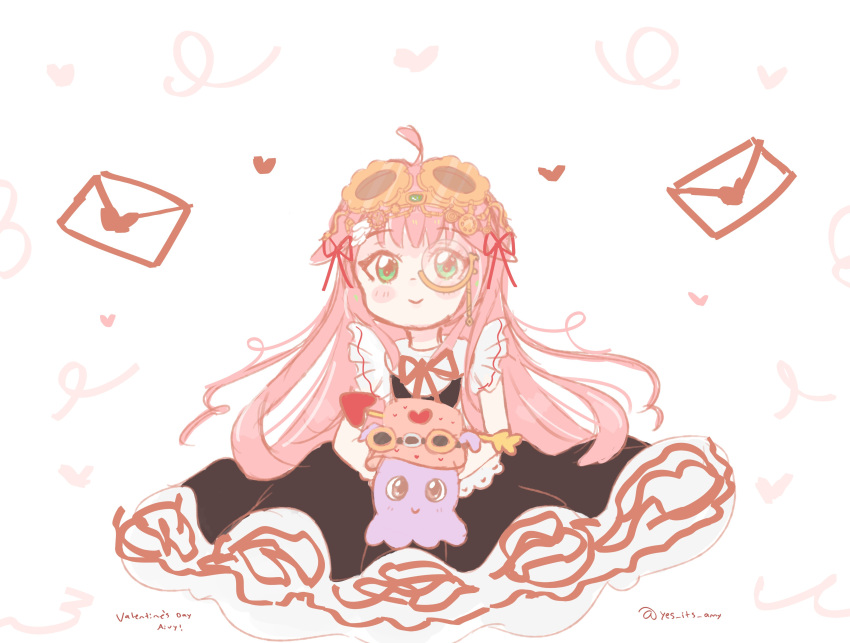 1girl aivy_lovencraft closed_mouth commentary craftito dress fanart goggles goggles_on_head green_eyes highres indie_virtual_youtuber long_hair monocle pink_hair simple_background smile virtual_youtuber vtuber vtuberfanart yes_its_amy