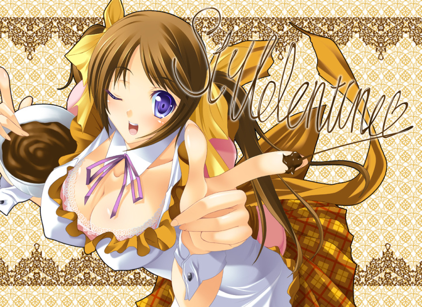 apron blue_eyes blush bowl bra breasts brown_hair chocolate cleavage erect_nipples fingernails frills hair_ribbon huge_breasts lace lace_bra large_breasts leaning_forward lingerie long_fingernails long_hair nakano_sora open_mouth pink_bra plaid pleated_skirt pointing ribbon skirt smile solo twintails underwear valentine wink wrist_cuffs