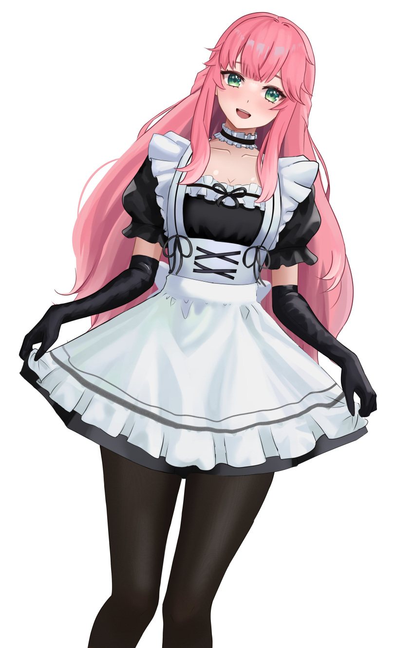 1girl absurdres aivy_lovencraft blush esteban_(estebaneishon) fanart gloves green_eyes highres indie_virtual_youtuber long_hair maid pink_hair smile solo spanish_commentary standing thigh-highs virtual_youtuber vtuber vtuberfanart white_background