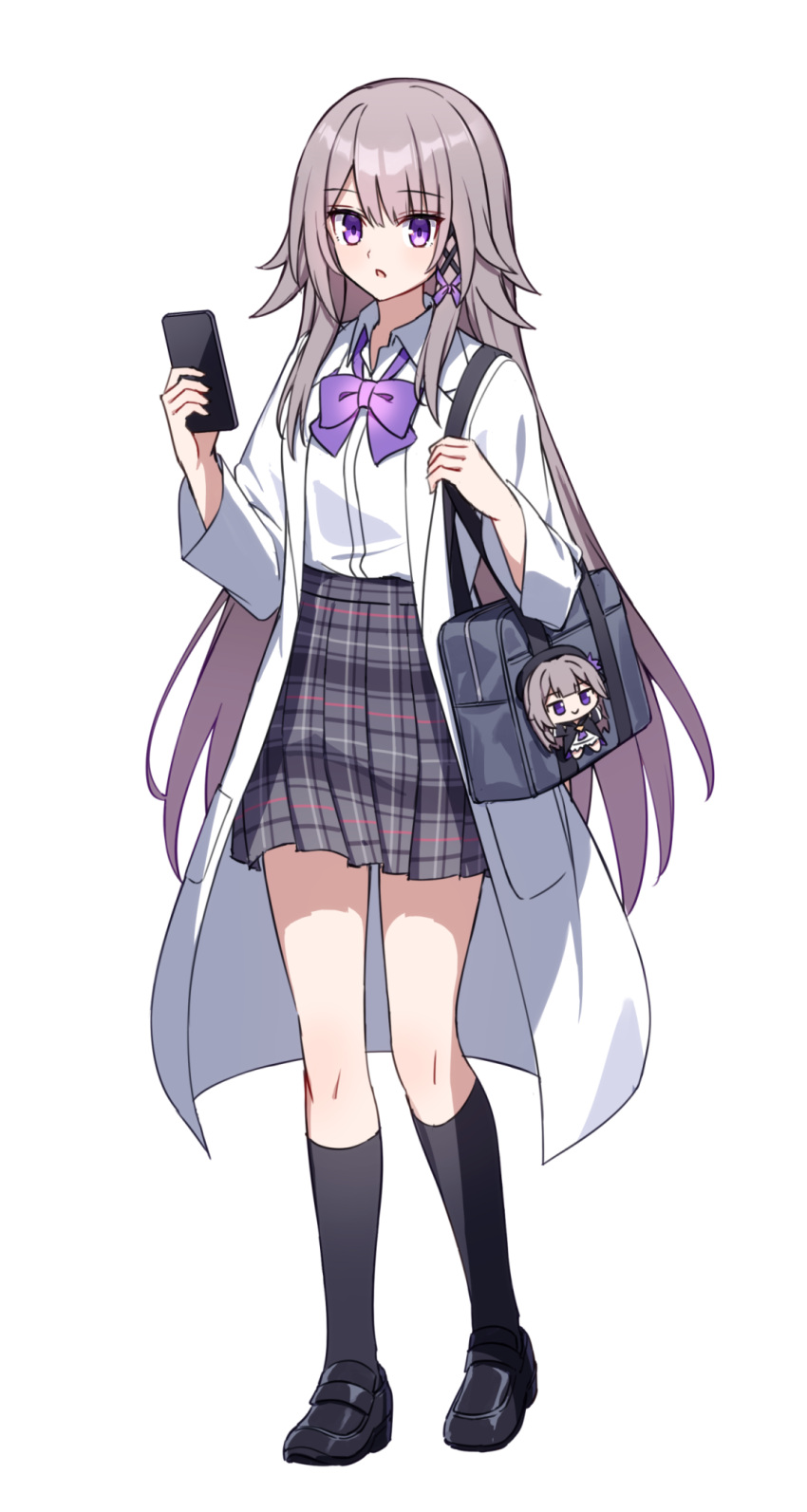 1girl alternate_costume bag black_shoes black_socks bow bowtie brown_hair cellphone character_charm charm_(object) coat collared_shirt commentary_request full_body herta_(honkai:_star_rail) herta_(puppet)_(honkai:_star_rail) highres holding holding_phone honkai:_star_rail honkai_(series) kneehighs loafers long_hair long_sleeves looking_at_viewer open_clothes open_coat parted_lips phone purple_bow purple_bowtie school_bag school_uniform shirt shoes simple_background skirt smartphone socks solo standing t@ke-g the_herta_(honkai:_star_rail) very_long_hair violet_eyes white_background white_coat white_shirt