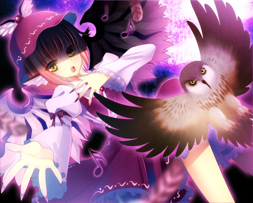 1girl animal_ears bird clear_moon dutch_angle feathers fingernails hat highres long_fingernails looking_at_viewer mystia_lorelei nail_polish outstretched_hand owl pink_hair shaded_face short_hair solo touhou yellow_eyes
