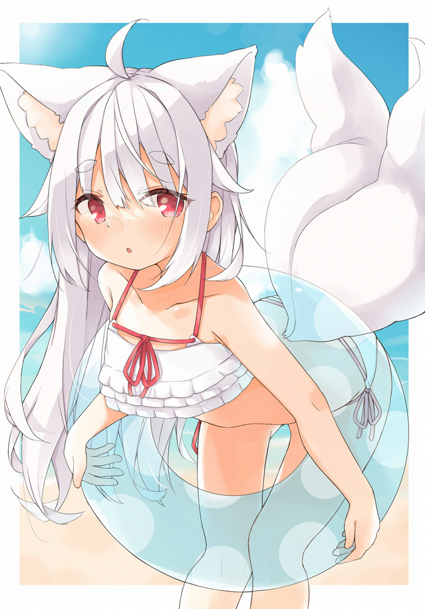 1girl :o ahoge animal_ear_fluff animal_ears ass_visible_through_thighs bangs bare_arms bare_shoulders bikini blush collarbone commentary_request day eyebrows_visible_through_hair feet_out_of_frame fox_ears fox_girl fox_tail hair_between_eyes highres innertube leaning_forward looking_at_viewer minato_yu_(0514) multiple_tails original parted_lips red_eyes short_eyebrows side-tie_bikini solo swimsuit tail thick_eyebrows thigh_gap transparent two_tails white_bikini white_hair