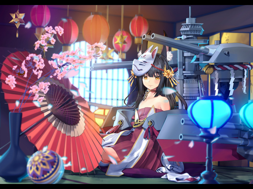 1girl animal_ear_fluff animal_ears azur_lane ball bare_shoulders black_hair brown_eyes cannon cherry_blossoms choker dress flower fox_ears hair_ornament highres indoors lantern long_hair looking_at_viewer mask mask_on_head nagato_(azur_lane) paper_lantern red_dress rigging sitting solo strapless strapless_dress sugita_ranpaku turret umbrella vase