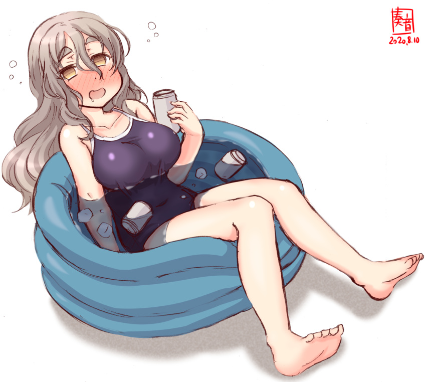 1girl artist_logo barefoot beer_can black_swimsuit blush breasts brown_eyes can collarbone commentary_request competition_school_swimsuit dated drunk grey_hair highres kanon_(kurogane_knights) kantai_collection large_breasts long_hair looking_at_viewer nose_blush partially_submerged pola_(kantai_collection) school_swimsuit simple_background solo swimsuit thick_eyebrows wading_pool water wavy_hair white_background