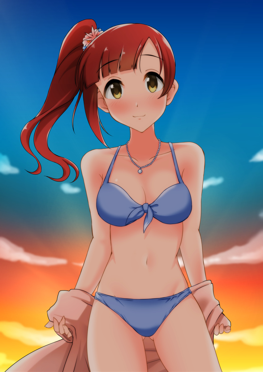 1girl absurdres bikini blue_bikini breasts brown_eyes brown_hair collarbone commentary_request cowboy_shot flower front-tie_top gagerabut gradient_sky hair_flower hair_ornament highres idolmaster idolmaster_cinderella_girls igarashi_kyouko jewelry long_hair looking_at_viewer medium_breasts necklace side_ponytail sky smile solo sunset swimsuit