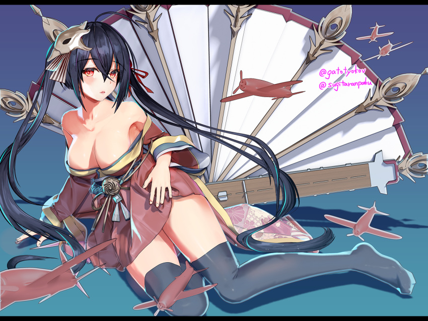 1girl aircraft azur_lane bangs bare_shoulders black_hair black_legwear blush breasts eyebrows_visible_through_hair floral_print full_body gradient gradient_background hair_between_eyes highres japanese_clothes kimono large_breasts long_hair long_sleeves looking_at_viewer mask mask_on_head multicolored_hair off-shoulder_kimono red_eyes red_kimono solo streaked_hair sugita_ranpaku taihou_(azur_lane) thigh-highs twintails twitter_username very_long_hair wide_sleeves