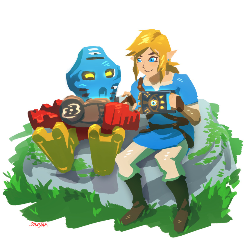 2boys bionicle blonde_hair blue_eyes boots crossover fingerless_gloves gloves highres link mask moss multiple_boys pointy_ears robot rock stup-jam takua the_legend_of_zelda the_legend_of_zelda:_breath_of_the_wild the_lego_group trait_connection tunic yellow_eyes
