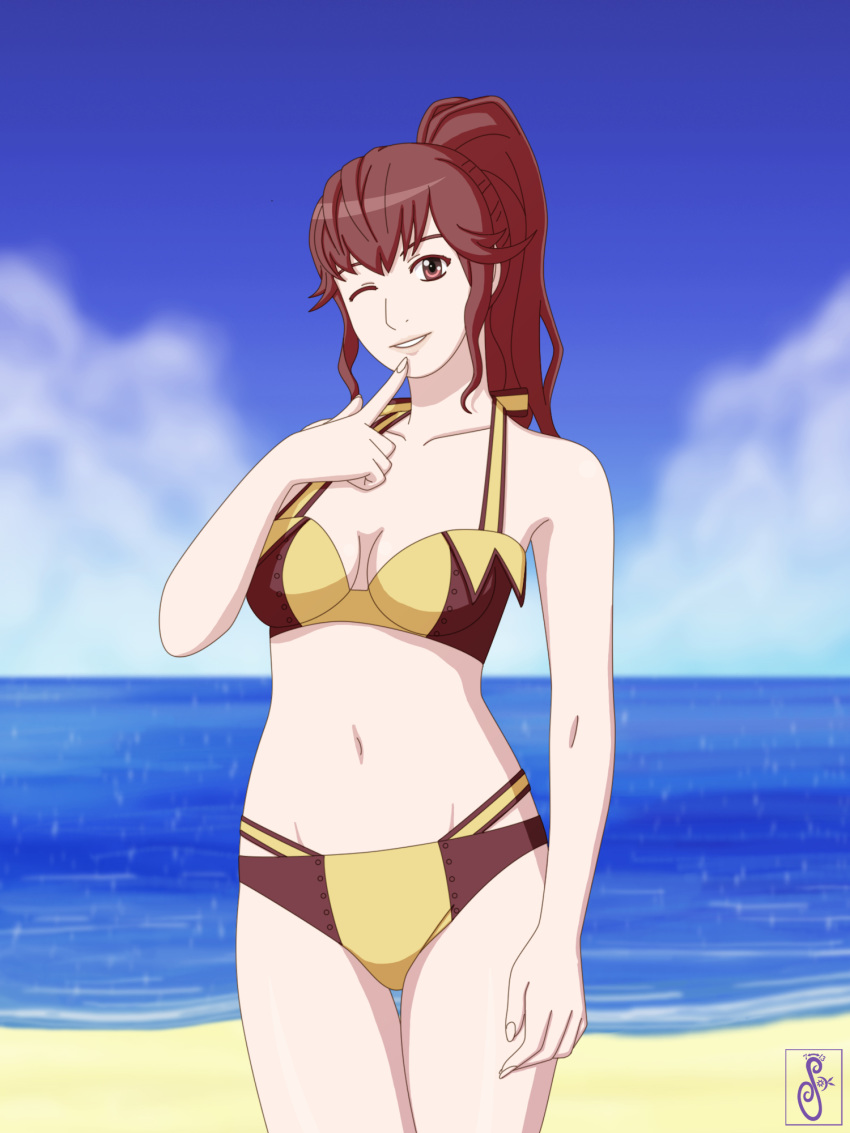 1girl anna_(fire_emblem) artist_name artist_signature beach bikini cute dated fire_emblem fire_emblem:_kakusei fire_emblem_13 fire_emblem_awakening fire_emblem_heroes intelligent_systems long_hair navel nintendo ocean one_eye_closed outdoors parted_lips ponytail red_eyes red_hair smile sokloeum solo summer summer_scramble swimsuit two-tone_bikini two-tone_swimsuit water wink