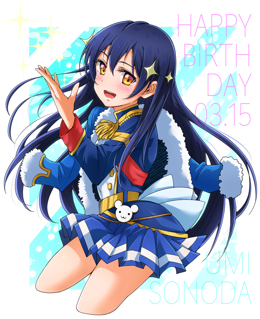 1girl bangs blue_hair commentary_request cosplay dated hair_between_eyes happy_birthday highres jacket jacket_on_shoulders kagura_hikari kagura_hikari_(cosplay) long_hair looking_at_viewer love_live! love_live!_school_idol_project mimori_suzuko open_mouth simple_background smile solo sonoda_umi sparkle_hair_ornament yellow_eyes yuupenman