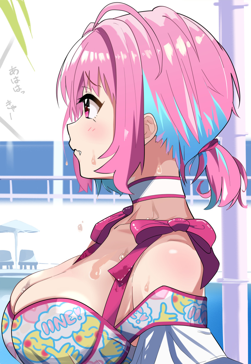 1girl absurdres ahoge alternate_hairstyle bangs bare_shoulders blue_hair blush breasts choker closed_mouth clothes_writing day eyebrows_visible_through_hair from_side frown highres idolmaster idolmaster_cinderella_girls large_breasts mitche multicolored_hair pink_eyes pink_hair profile raised_eyebrow shiny shiny_hair short_hair skindentation solo sweat two-tone_hair upper_body yumemi_riamu