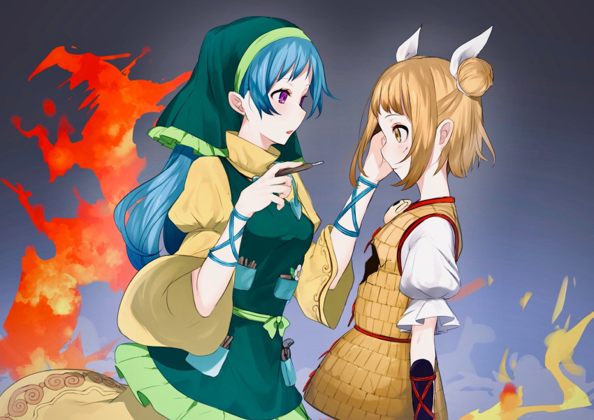 2girls apron armor armored_dress arms_at_sides arms_up blonde_hair blue_background blue_hair caliper_(sculpture) commentary_request cowboy_shot cracked_skin daisy double_bun dress fire flower from_side gradient gradient_background green_headwear hair_ribbon haniwa_(statue) haniyasushin_keiki highres holding hole_in_chest hood ikasoba joutouguu_mayumi juliet_sleeves long_hair long_sleeves looking_at_another looking_down multiple_girls puffy_short_sleeves puffy_sleeves repairing ribbon shirt short_sleeves standing touhou vambraces very_long_hair violet_eyes white_shirt wood_carving_tool yellow_dress yellow_eyes