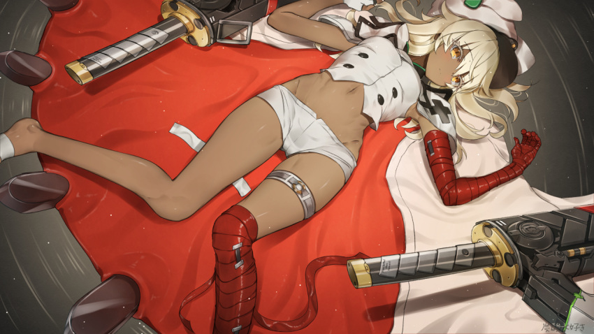 1girl bandaged_arm bandaged_leg bandages bare_shoulders breasts cape dark_skin guilty_gear guilty_gear_strive hat looking_at_viewer lying navel on_back orange_eyes platinum_blonde_hair ramlethal_valentine short_hair short_shorts shorts solo tansan_daisuki thigh_strap white_hair