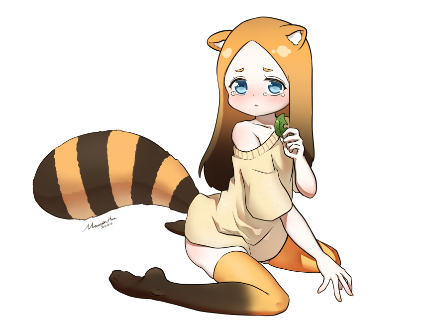 1girl :&lt; animal_ears blue_eyes blush closed_mouth from_side gradient_hair highres looking_at_viewer mountain_han multicolored_hair naked_sweater off-shoulder_sweater off_shoulder orange_hair orange_legwear original raccoon_ears raccoon_tail signature simple_background sitting solo striped_tail sweater tail tears thigh-highs wariza white_background yellow_sweater