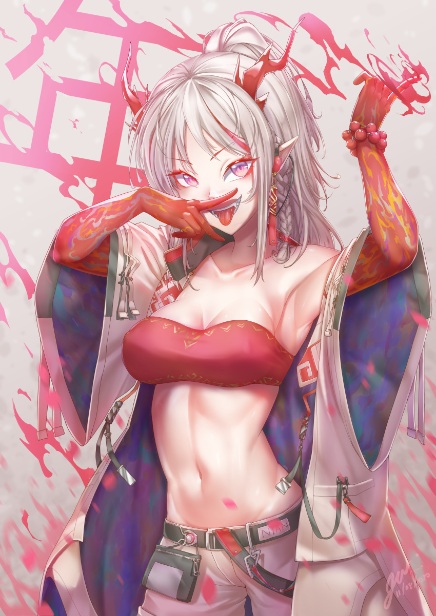 1girl absurdres arknights arms_up bandeau beads breasts coat earrings fangs gus1999 highres horns jewelry long_hair looking_at_viewer midriff navel nian_(arknights) open_clothes open_coat pointy_ears silver_hair small_breasts solo standing tongue