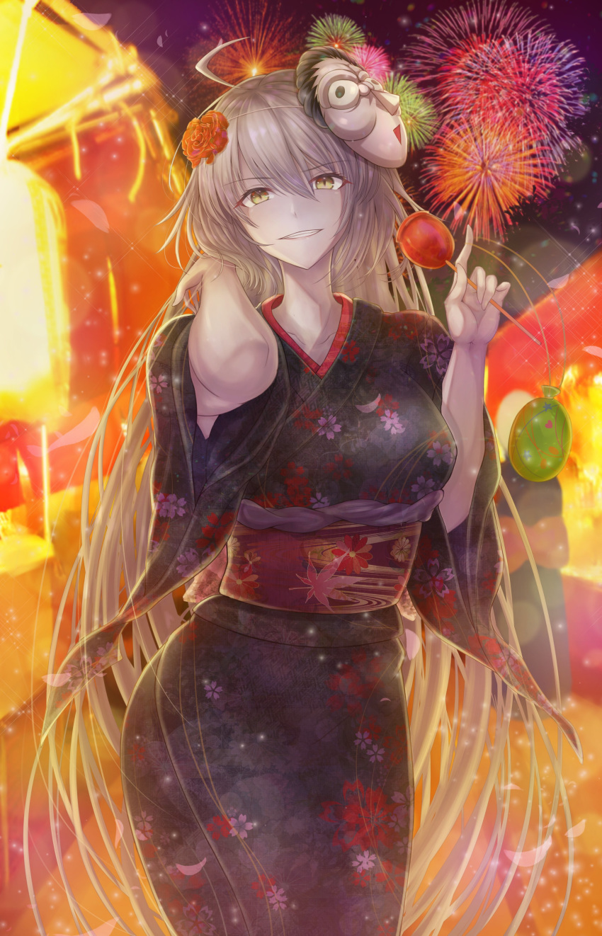 1girl absurdres ahoge caster_(fate/zero) collarbone commentary_request cowboy_shot eyebrows_visible_through_hair fate/grand_order fate_(series) highres japanese_clothes jeanne_d'arc_(alter)_(fate) jeanne_d'arc_(fate)_(all) kimono long_hair looking_at_viewer mask mask_on_head penguintake solo very_long_hair white_hair yellow_eyes yukata