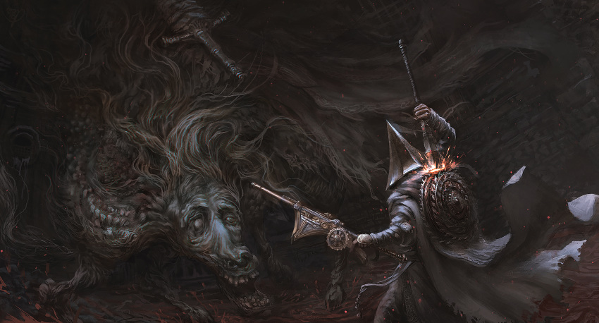 1boy armor battle blank_eyes blood bloodborne cape circular_saw commentary cowboy_shot dark duel elbow_pads eldritch_abomination extra_legs fighting_stance gun hand_wraps helmet highres holding holding_gun holding_polearm holding_weapon hunter_(bloodborne) long_hair looking_at_another ludwig_the_accursed monster open_mouth pants polearm psp_kuangre_wanjia saw sheath sheathed size_difference smile sparks sword tabard tagme teeth unsheathing weapon weapon_on_back