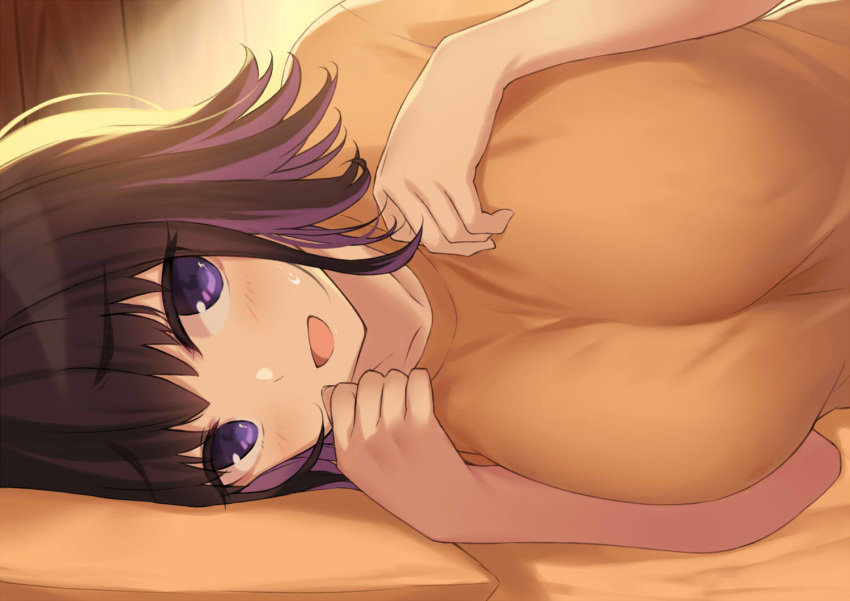 1girl blush breasts cccpo large_breasts looking_at_viewer lying on_side open_mouth orange_shirt original pillow purple_hair shirt short_hair smile sweatdrop violet_eyes