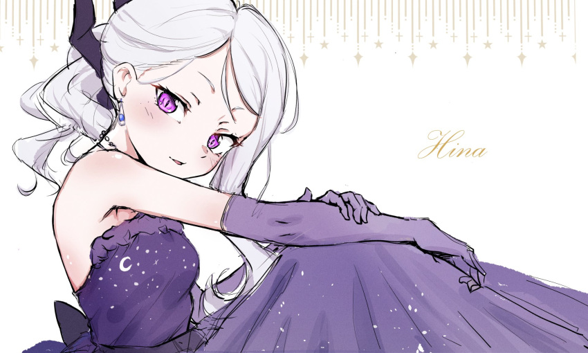 1girl bare_shoulders blue_archive blush character_name dangle_earrings demon_horns dress earrings elbow_gloves evening_gown forehead gloves grey_hair highres hina_(blue_archive) hina_(dress)_(blue_archive) horns jewelry long_hair looking_at_viewer open_mouth parted_bangs purple_dress single_sidelock slit_pupils solo violet_eyes yirga