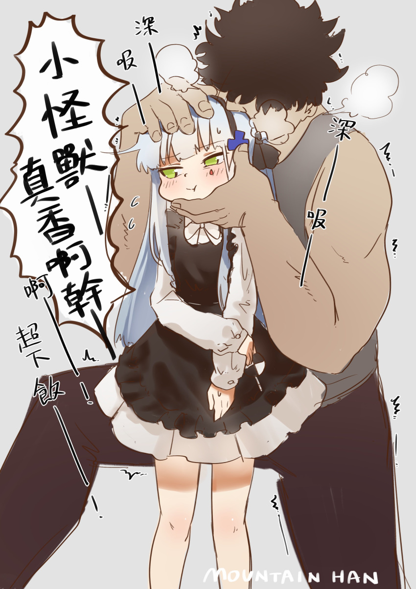 1boy 1girl :t absurdres black_dress blue_hair blush bow bowtie chinese_text closed_mouth dress facial_mark flying_sweatdrops girls_frontline green_eyes hair_bow hairband height_difference hetero highres hk416_(girls_frontline) long_hair long_sleeves looking_away mountain_han pervert shirt signature smelling standing translation_request white_shirt