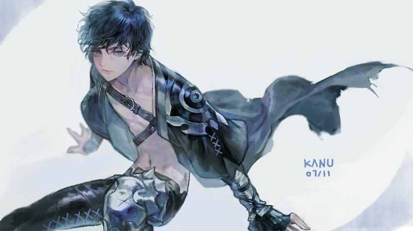 1boy armor bare_chest black_gloves black_hair black_jacket blue_eyes closed_mouth collarbone dated fingerless_gloves fingernails gloves jacket kanu_(kanu_0001) knee_pads male_focus navel original scratches signature sitting solo torn_clothes torn_jacket