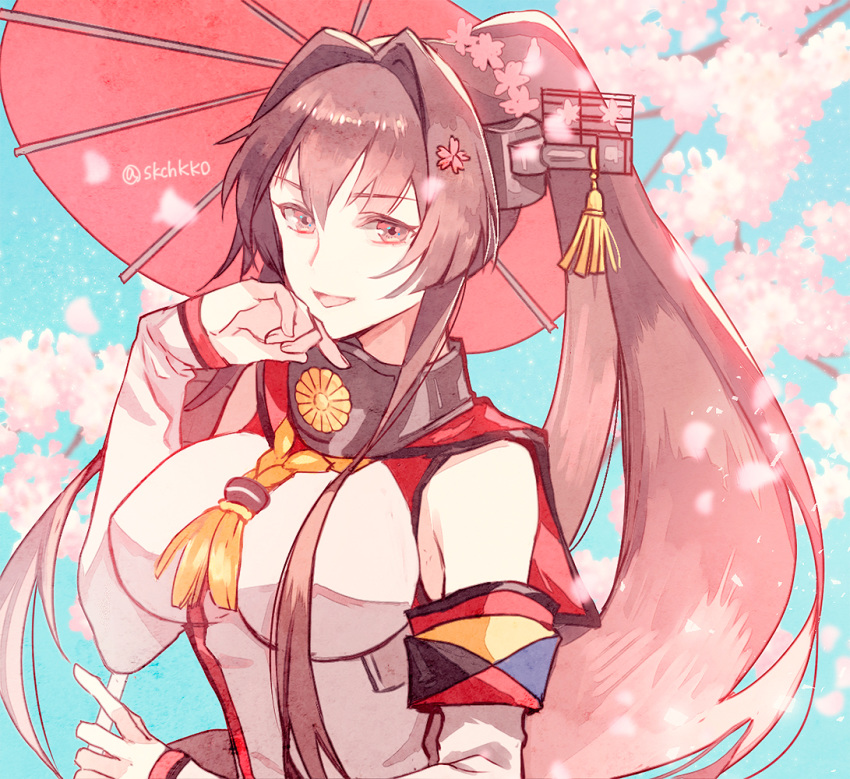 1girl bare_shoulders brown_hair cherry_blossoms detached_sleeves flower hair_flower hair_intakes hair_ornament headgear holding holding_umbrella kantai_collection kasumi_(skchkko) long_hair long_sleeves looking_at_viewer oriental_umbrella ponytail red_eyes red_umbrella shirt smile solo umbrella upper_body white_shirt yamato_(kantai_collection)