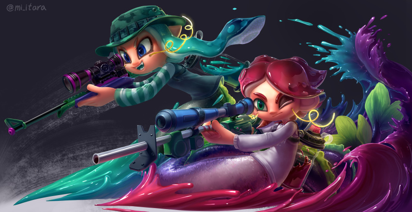 2girls absurdres aiming aqua_hair aqua_shirt artist_name black_background camouflage camouflage_headwear closed_mouth commission denchinamazu e-liter_3k_(splatoon) english_commentary fangs fins flat_chest full_body fusion glowing green_eyes green_headwear hands_up happy hat highres holding holding_weapon ink_tank_(splatoon) inkling lamia long_hair long_sleeves miitara monster_girl multiple_girls octoling one_eye_closed open_mouth paint pointy_ears raglan_sleeves redhead scope shiny shiny_hair shirt short_hair simple_background smile splashing splatoon_(series) splatterscope_(splatoon) striped striped_shirt tail teeth tentacle_hair tentacles twintails twitter_username watermark weapon whiskers white_shirt