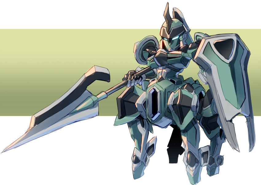 absurdres ag_00000 blue_eyes centauroid chibi highres holding holding_lance holding_polearm holding_shield holding_weapon horns knight's_&amp;_magic lance mecha no_humans polearm shield single_horn solo tzendolg weapon