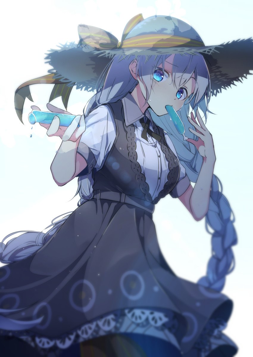 1girl absurdres black_dress blue_eyes blurry blurry_background blurry_foreground bow braid breasts commentary cowboy_shot depth_of_field dress dripping eating giving grey_hair hat hat_bow highres holding kizuna_akari large_hat long_hair looking_at_viewer medium_breasts mouth_hold rasu_(mtn) short_sleeves sidelighting solo straw_hat tupet twin_braids very_long_hair voiceroid