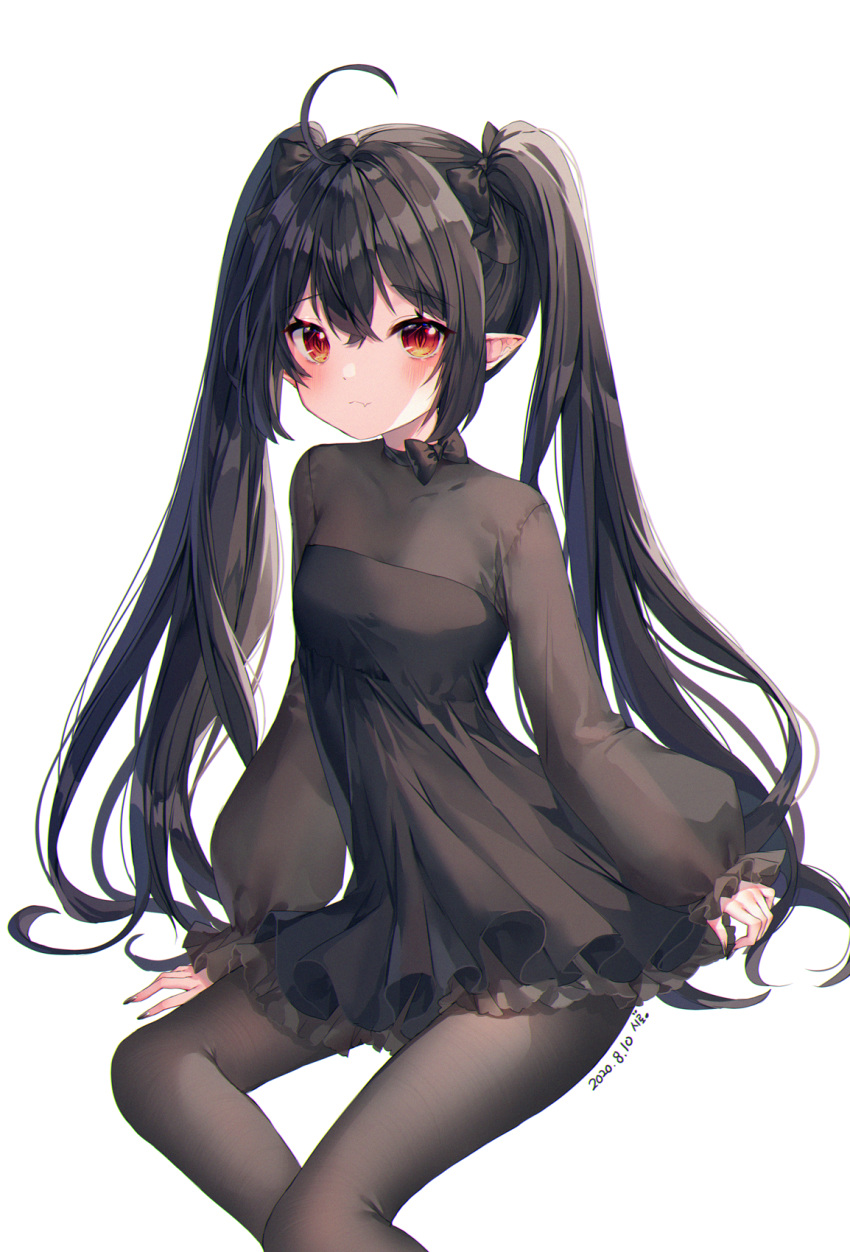 1girl ahoge bangs black_bow black_dress black_hair black_legwear bow breasts collarbone dated dress eyebrows_visible_through_hair fang feet_out_of_frame frilled_dress frills hair_bow highres invisible_chair long_sleeves medium_breasts original pantyhose pointy_ears red_eyes red_nails shiro_albino simple_background sitting skin_fang sleeves_past_wrists slit_pupils solo symbol_commentary twintails white_background