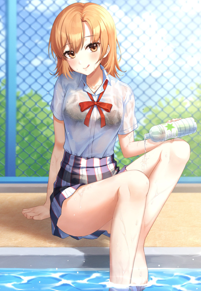 1girl :p bangs bare_legs barefoot black_bra black_skirt blurry blurry_background bottle bra breasts chain-link_fence collared_shirt commentary_request day depth_of_field dress_shirt eyebrows_visible_through_hair fence highres holding holding_bottle isshiki_iroha long_hair looking_at_viewer medium_breasts miniskirt neck_ribbon orange_eyes orange_hair outdoors plaid plaid_skirt pool poolside red_neckwear red_ribbon ribbon school_uniform seductive_smile see-through shirt short_sleeves skirt smile solo tongue tongue_out underwear water water_bottle wet wet_clothes wet_shirt wing_collar xiho_(suna) yahari_ore_no_seishun_lovecome_wa_machigatteiru.