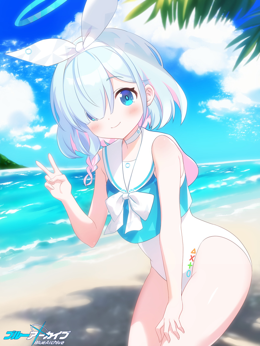 arona_(blue_archive) beach blue_archive blue_eyes blue_hair blush bunny_hair_ornament clouds copyright_name hair_ornament halo highres looking_at_viewer palm_leaf pn_(wnsl216) sand sky smile swimsuit v