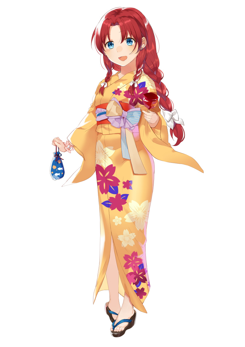 1girl :d absurdres alternate_costume bag bangs blue_eyes blush candy_apple commentary_request earrings floral_print food hair_ribbon highres holding holding_bag holding_food hong_meiling japanese_clothes jewelry kanta_(pixiv9296614) kimono long_braid long_hair looking_at_viewer low-tied_long_hair open_mouth orange_kimono parted_bangs print_kimono redhead ribbon side_braids smile solo stud_earrings touhou transparent_background tress_ribbon white_ribbon