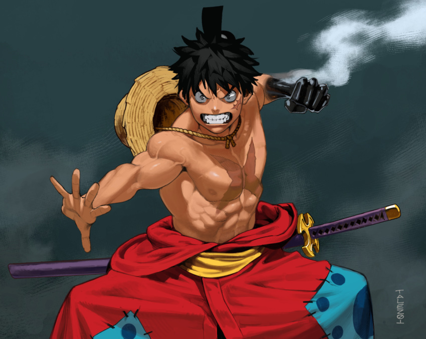 &gt;:( 1boy angry black_hair chest chest_scar clenched_hand clenched_teeth contos facial_scar fighting_stance frown haki hat japanese_clothes katana looking_at_viewer male_focus monkey_d_luffy muscle one_piece red_robe robe scar serious shirtless short_hair simple_background solo spiky_hair standing steam straw_hat sword teeth toned toned_male topknot v-shaped_eyebrows weapon