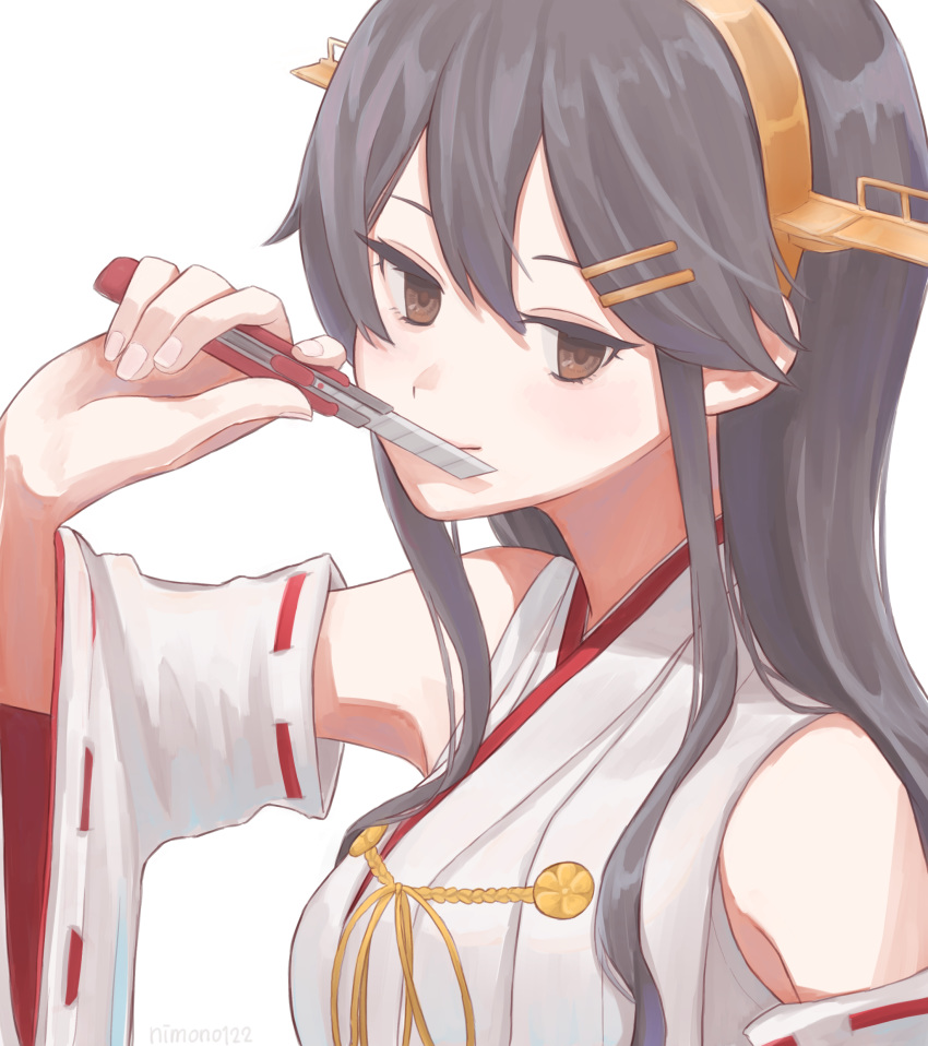 1girl absurdres bare_shoulders black_hair blade_to_mouth boxcutter brown_eyes close-up detached_sleeves hair_ornament hairclip haruna_(kantai_collection) headgear highres holding holding_boxcutter holding_knife kantai_collection knife long_hair looking_at_viewer nimono122 nontraditional_miko remodel_(kantai_collection) simple_background smile solo white_background