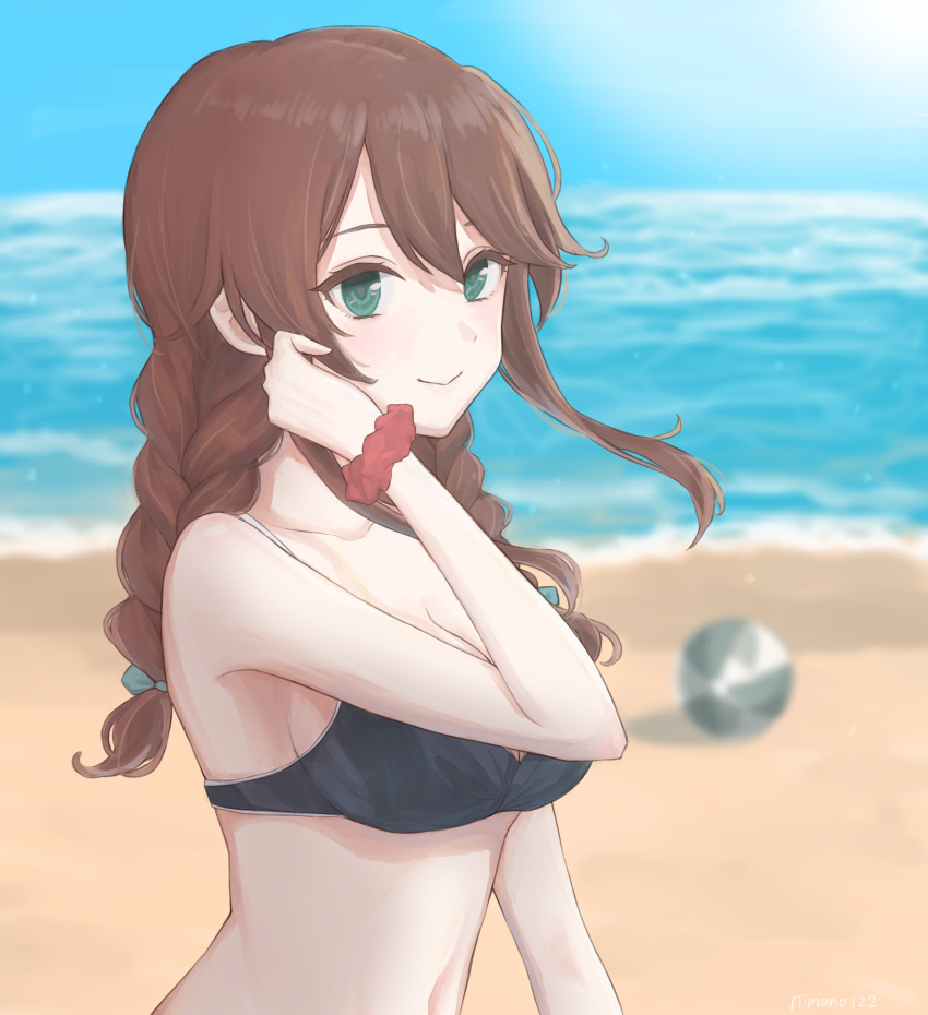 1girl absurdres ball bangs beach beachball bikini black_bikini blurry blurry_background braid brown_hair from_side green_eyes highres kantai_collection nimono122 noshiro_(kantai_collection) red_scrunchie scrunchie smile solo swept_bangs swimsuit twin_braids upper_body wrist_scrunchie