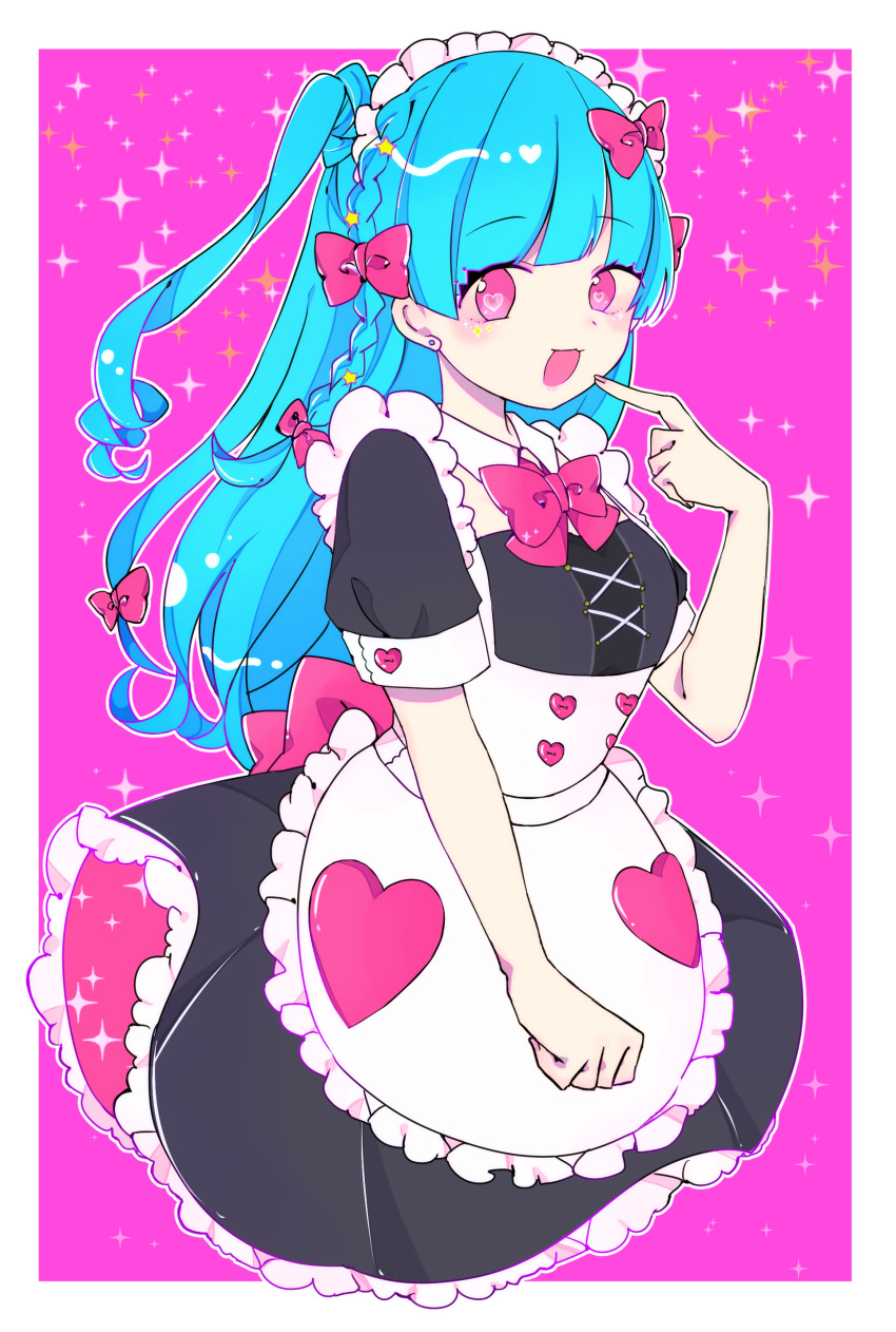 1girl absurdres apron black_dress blue_hair bow braid dress earrings eyebrows_visible_through_hair eyes_visible_through_hair frilled_apron frills hair_bow heart heart-shaped_pupils heart_button highres jewelry long_hair maid maid_headdress mitau open_mouth original pink_background pink_eyes red_bow red_neckwear red_ribbon ribbon short_sleeves side_braid side_ponytail smile solo sparkle stud_earrings symbol-shaped_pupils white_apron wing_collar