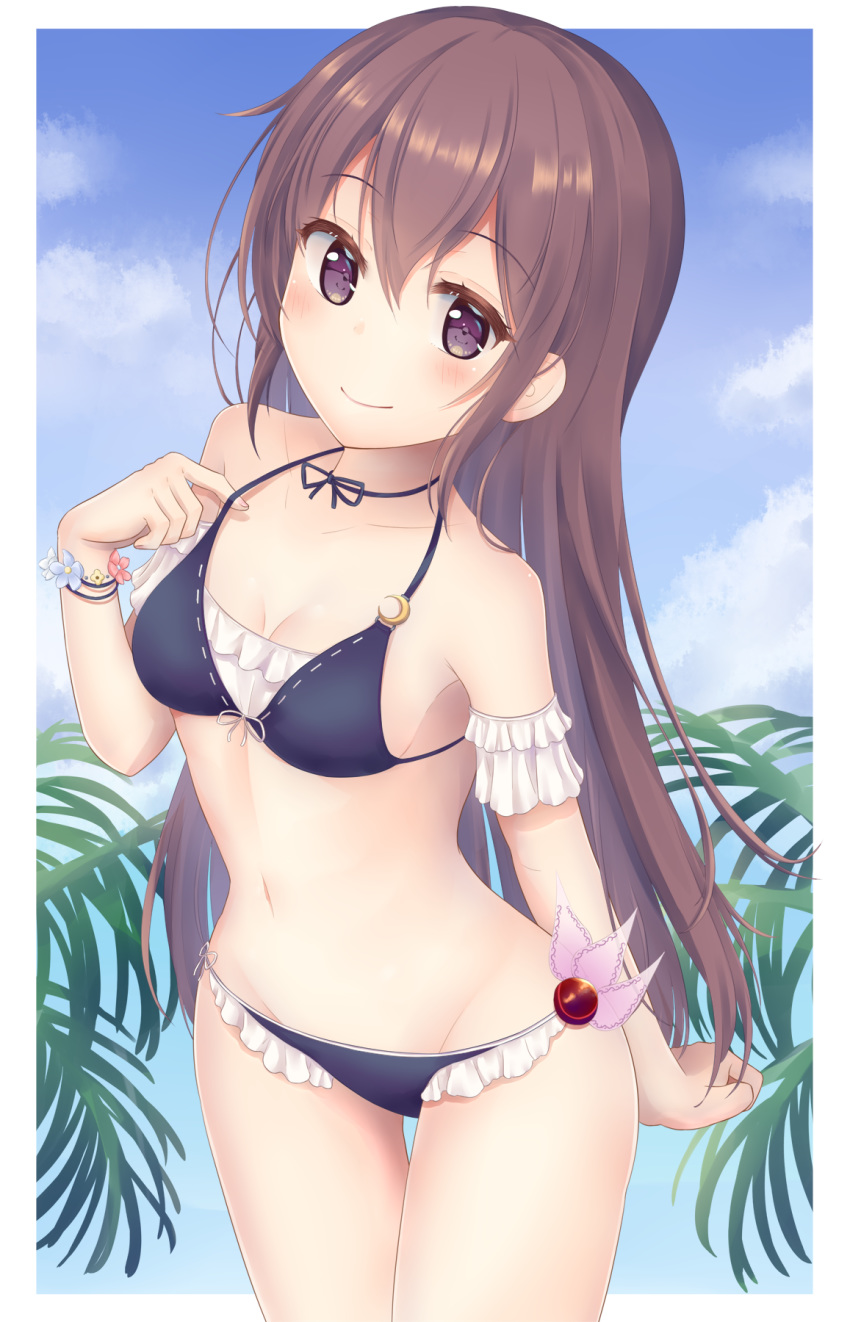 1girl bikini black_bikini blue_sky breasts brown_hair clouds commentary_request cowboy_shot frilled_bikini frills highres kantai_collection kisaragi_(kantai_collection) long_hair looking_at_viewer minakami_mimimi palm_leaf sky small_breasts smile solo standing swimsuit violet_eyes