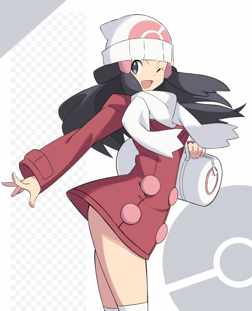 1girl ;d bag beanie black_eyes black_hair checkered coat from_side hat highres hikari_(pokemon) leaning_forward long_hair long_sleeves looking_at_viewer looking_to_the_side no_pants one_eye_closed open_mouth outstretched_arm pokemon pokemon_(game) pokemon_dppt pokemon_platinum red_coat sakuraidai scarf shoulder_bag smile solo standing thigh-highs white_headwear white_legwear white_scarf