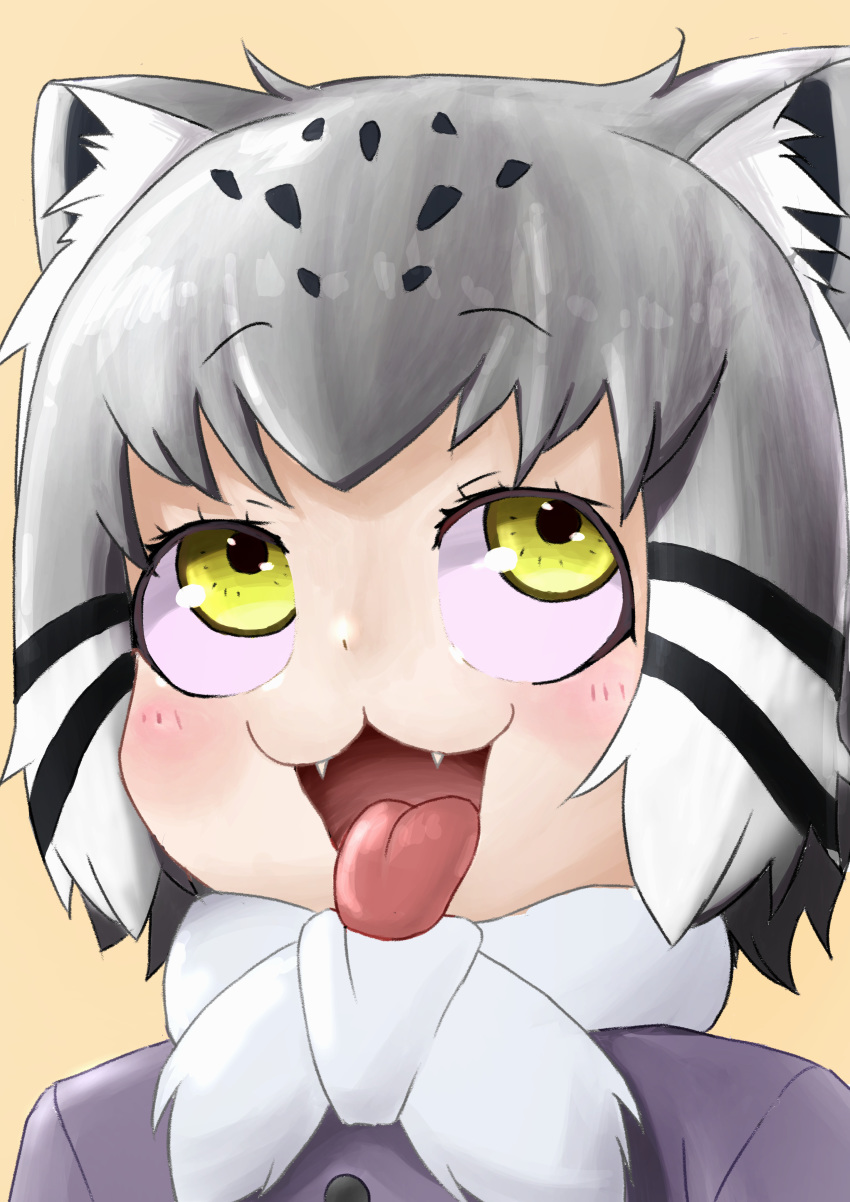 1girl :3 absurdres animal_ears blush cat_ears cat_girl eyebrows eyebrows_visible_through_hair fangs grey_hair highres kemono_friends looking_up multicolored_hair open_mouth pallas's_cat_(kemono_friends) piku_39 short_hair simple_background solo spotted_hair tongue tongue_out yellow_eyes