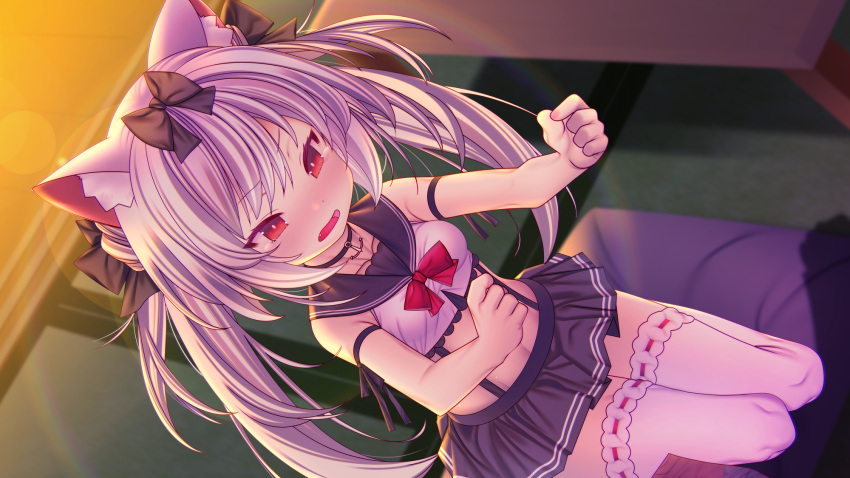 1girl anchor_symbol animal_ear_fluff animal_ears azur_lane bangs black_bow black_choker black_sailor_collar black_skirt blush bow cat_ears choker dutch_angle eyebrows_visible_through_hair fang hair_bow highres long_hair midriff nanaken_nana open_mouth pleated_skirt red_eyes red_ribbon ribbon ribbon-trimmed_sleeves ribbon_trim sailor_collar sitting skirt sleeveless solo tatami tears thigh-highs twintails wariza white_hair white_legwear yukikaze_(azur_lane)