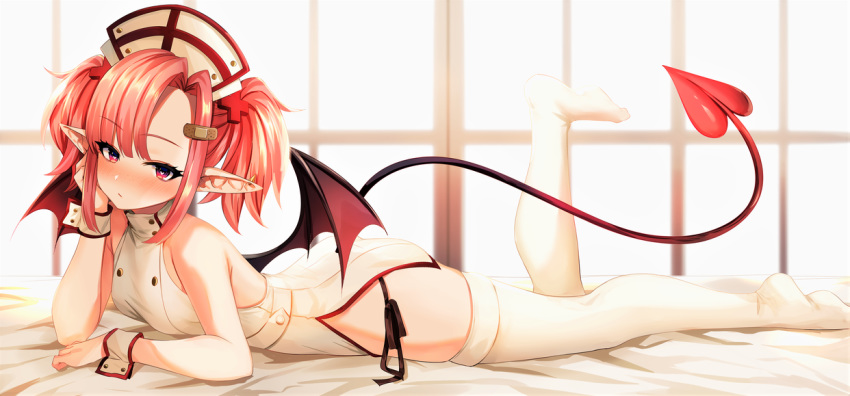 1girl asymmetrical_bangs bandaid_hair_ornament bangs bare_arms bare_shoulders bed_sheet black_ribbon blush breasts closed_mouth demon_girl demon_tail demon_wings dress eyebrows_visible_through_hair hair_ornament hand_on_own_cheek hat heart heart-shaped_pupils indoors leg_up looking_at_viewer lying marota nose_blush nurse nurse_cap on_stomach original panties pointy_ears red_eyes red_wings ribbon short_dress short_hair short_twintails side-tie_panties sleeveless sleeveless_dress small_breasts solo symbol-shaped_pupils tail thigh-highs twintails underwear white_dress white_legwear window wings wrist_cuffs